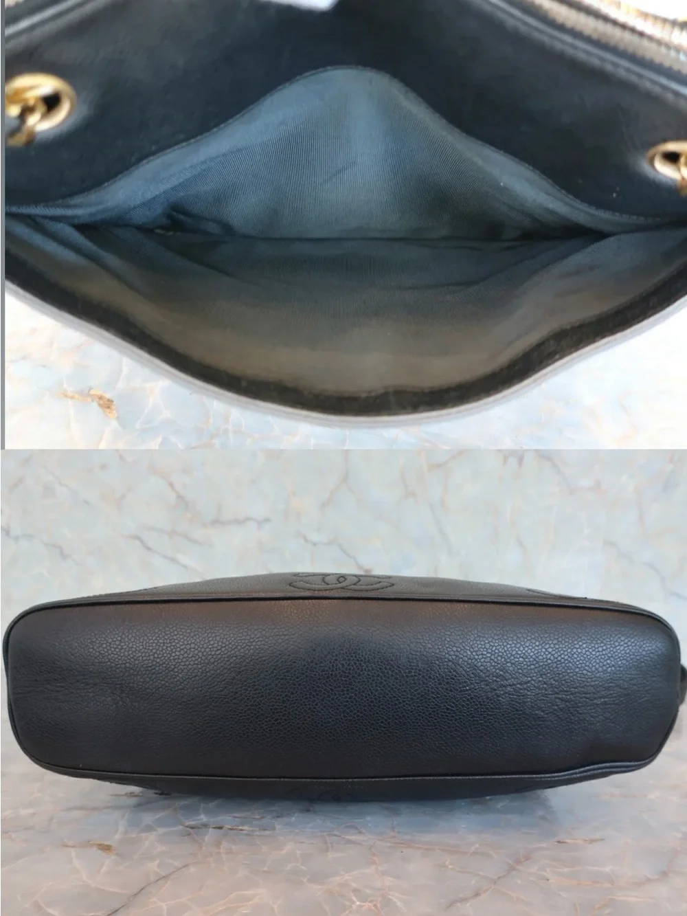 Authentic CHANEL triple CC black caviar leather shopping tote